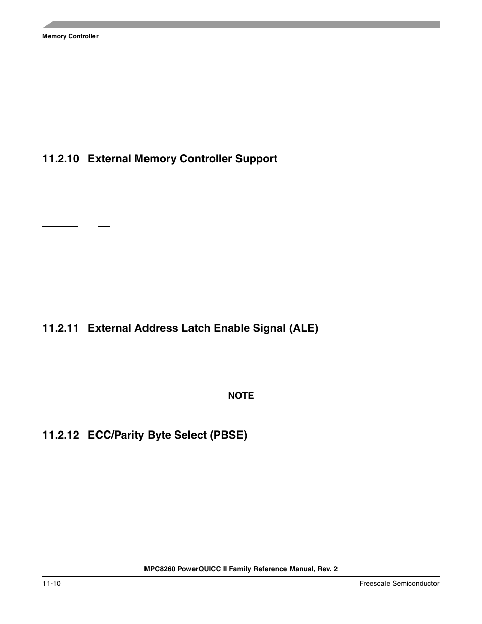 10 external memory controller support, 11 external address latch enable signal (ale), 12 ecc/parity byte select (pbse) | External memory controller support -10, External address latch enable signal (ale) -10, Ecc/parity byte select (pbse) -10 | Freescale Semiconductor MPC8260 User Manual | Page 428 / 1360