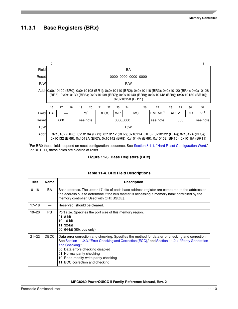 1 base registers (brx), Figure 11-6. base registers (brx), Table 11-4. brx field descriptions (continued) | Base registers (br x, Base registers (br, Brx field descriptions -13, Figure 11-6, Section 11.3.1, “base registers (brx), 1 base registers (br | Freescale Semiconductor MPC8260 User Manual | Page 431 / 1360