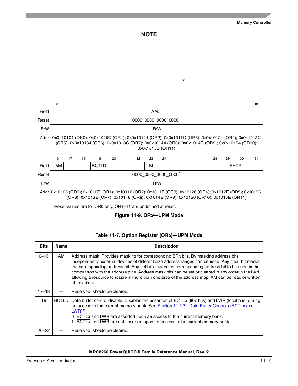 Figure 11-9. orx-upm mode, Table 11-7. option register (orx)-upm mode, Or x | Option register (orx)—upm mode -19 | Freescale Semiconductor MPC8260 User Manual | Page 437 / 1360