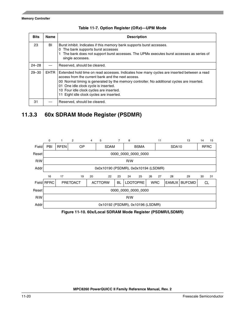 3 60x sdram mode register (psdmr), 60x sdram mode register (psdmr) -20, 60x/local sdram mode register (psdmr/lsdmr) -20 | N 11.3.3 | Freescale Semiconductor MPC8260 User Manual | Page 438 / 1360