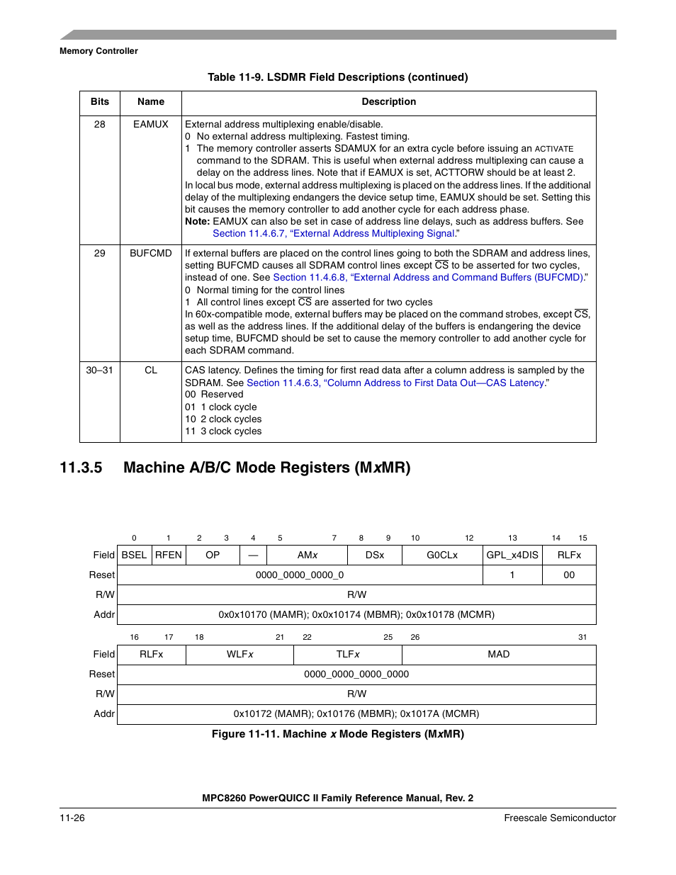 5 machine a/b/c mode registers (mxmr), Figure 11-11. machine x mode registers (mxmr), Machine a/b/c mode registers (mxmr) -26 | Machine x mode registers (mxmr) -26, N 11.3.5, 5 machine a/b/c mode registers (m | Freescale Semiconductor MPC8260 User Manual | Page 444 / 1360