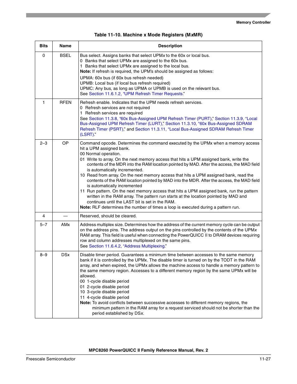 Machine x mode registers (mxmr) -27, Table 11-10 | Freescale Semiconductor MPC8260 User Manual | Page 445 / 1360