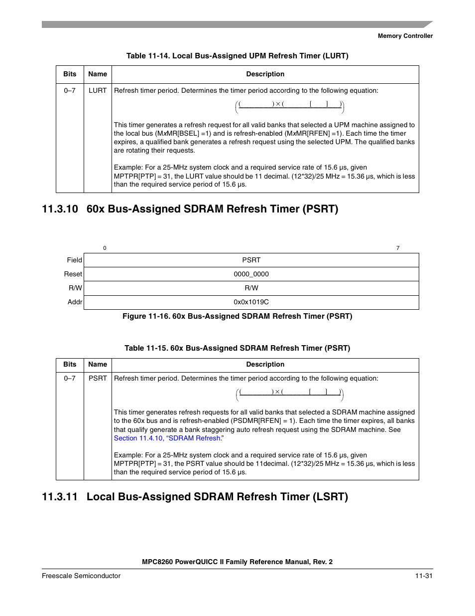 10 60x bus-assigned sdram refresh timer (psrt), 11 local bus-assigned sdram refresh timer (lsrt), 60x bus-assigned sdram refresh timer (psrt) -31 | Local bus-assigned sdram refresh timer (lsrt) -31, Local bus-assigned upm refresh timer (lurt) -31, Section 11.3.10, “60x bus-assigned sdram, Refresh timer (psrt), Lsrt), Table 11-14 | Freescale Semiconductor MPC8260 User Manual | Page 449 / 1360