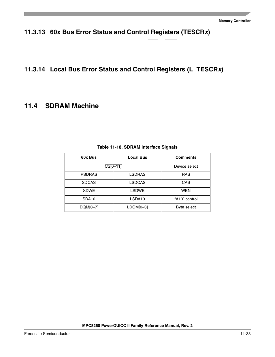 4 sdram machine, Table 11-18. sdram interface signals, Sdram machine -33 | Sdram interface signals -33, N 11.3.13, N 11.3.14 | Freescale Semiconductor MPC8260 User Manual | Page 451 / 1360
