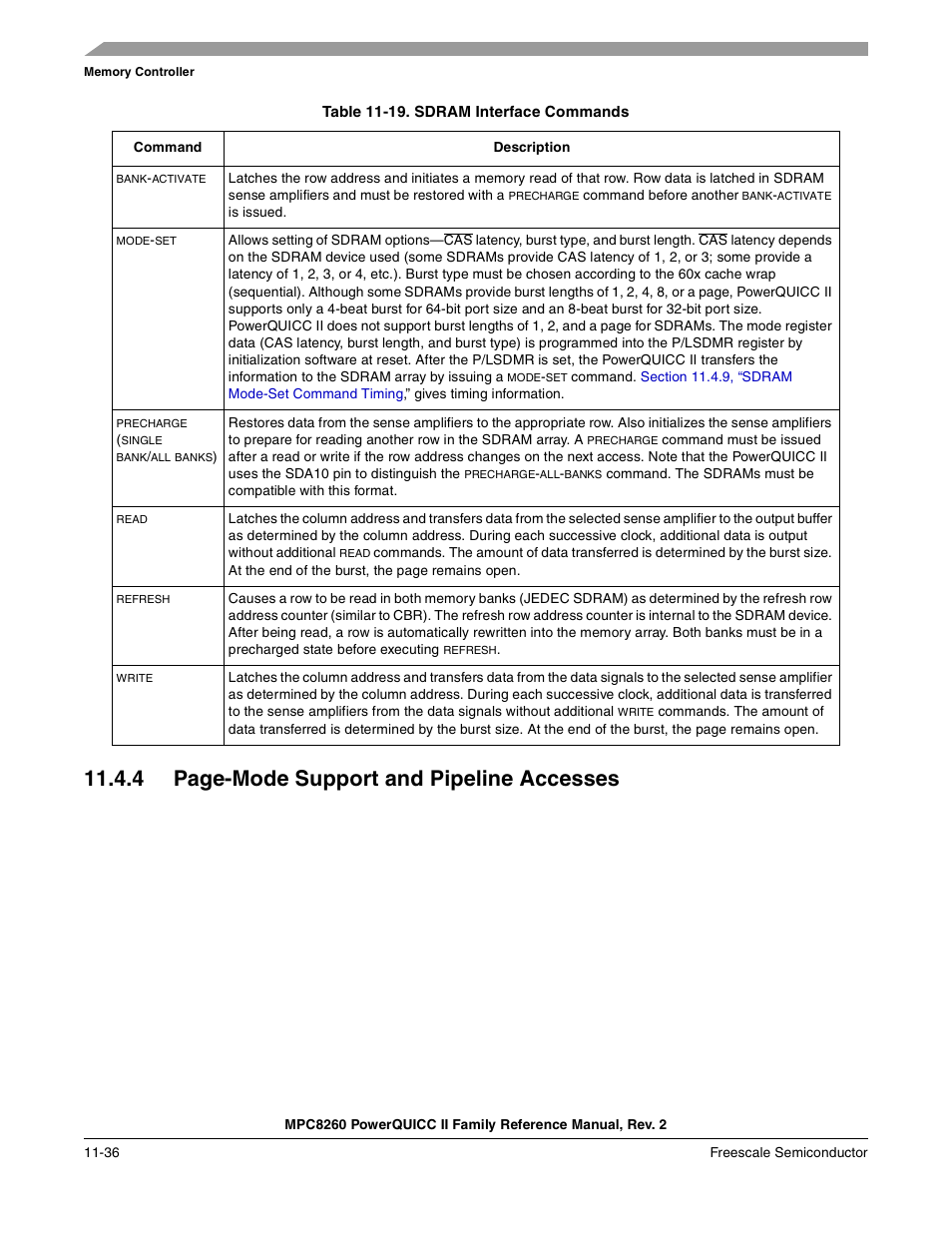 Table 11-19. sdram interface commands, Sdram interface commands -36, 4 page-mode support and pipeline accesses | Freescale Semiconductor MPC8260 User Manual | Page 454 / 1360