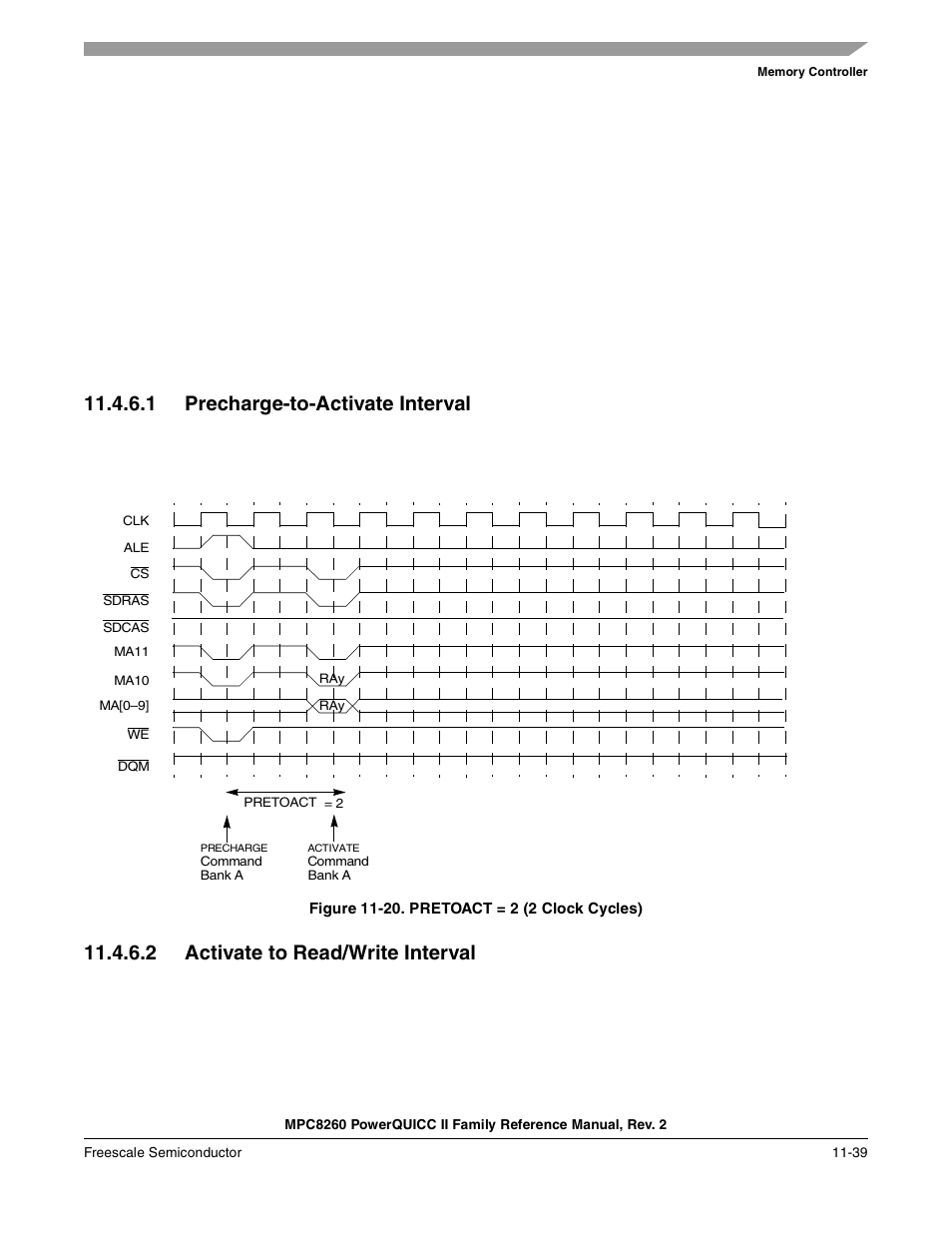 1 precharge-to-activate interval, Figure 11-20. pretoact = 2 (2 clock cycles), 2 activate to read/write interval | Precharge-to-activate interval -39, Activate to read/write interval -39, Pretoact = 2 (2 clock cycles) -39, Section 11.4.6.1, “precharge-to-activate interval, Section 11.4.6.2, “activate to read/write interval, Section 11.4.6.1, Precharge-to-activate interval | Freescale Semiconductor MPC8260 User Manual | Page 457 / 1360