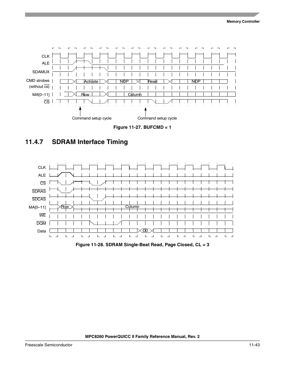 Figure 11-27. bufcmd = 1, 7 sdram interface timing, Sdram interface timing -43 | Bufcmd = 1 -43 | Freescale Semiconductor MPC8260 User Manual | Page 461 / 1360