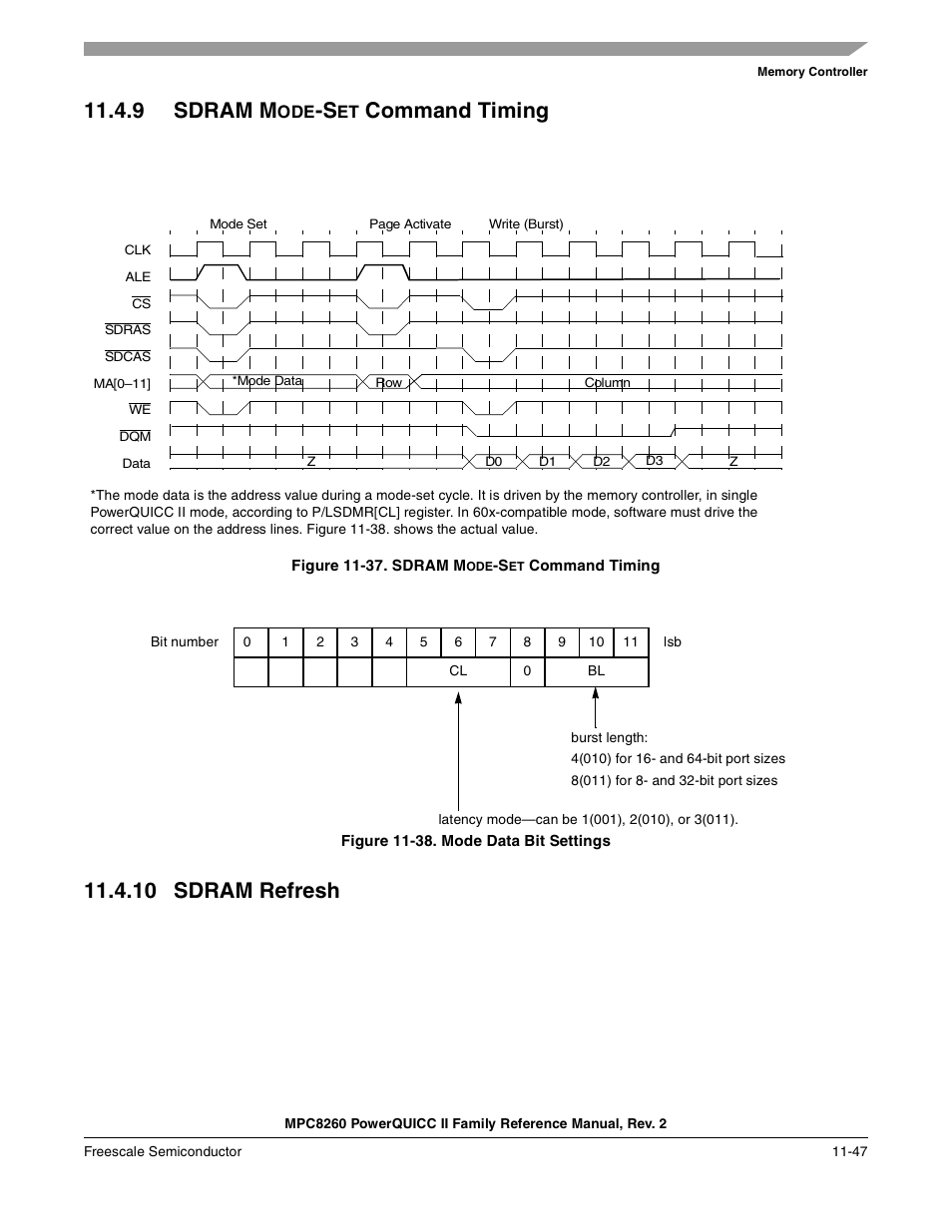 9 sdram mode-set command timing, Figure 11-37. sdram mode-set command timing, Figure 11-38. mode data bit settings | 10 sdram refresh, Sdram mode-set command timing -47, Sdram refresh -47, Mode data bit settings -47, Section 11.4.10, “sdram refresh, 9 sdram m, Command timing | Freescale Semiconductor MPC8260 User Manual | Page 465 / 1360