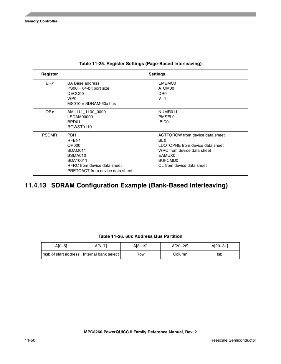 Table 11-26. 60x address bus partition, 60x address bus partition -50 | Freescale Semiconductor MPC8260 User Manual | Page 468 / 1360