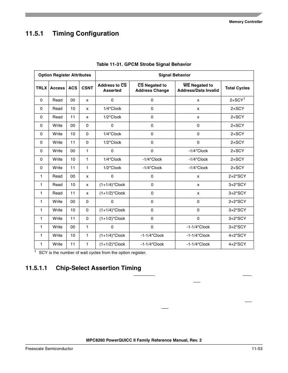 1 timing configuration, Table 11-31. gpcm strobe signal behavior, 1 chip-select assertion timing | Timing configuration -53, Chip-select assertion timing -53, Gpcm strobe signal behavior -53 | Freescale Semiconductor MPC8260 User Manual | Page 471 / 1360