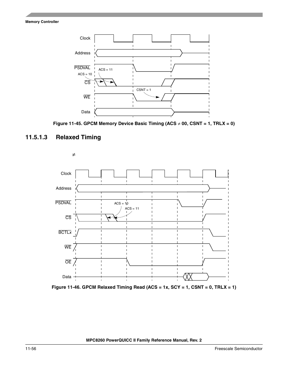 3 relaxed timing, Relaxed timing -56, Gpcm memory device basic timing (acs | Figure 11-45 | Freescale Semiconductor MPC8260 User Manual | Page 474 / 1360