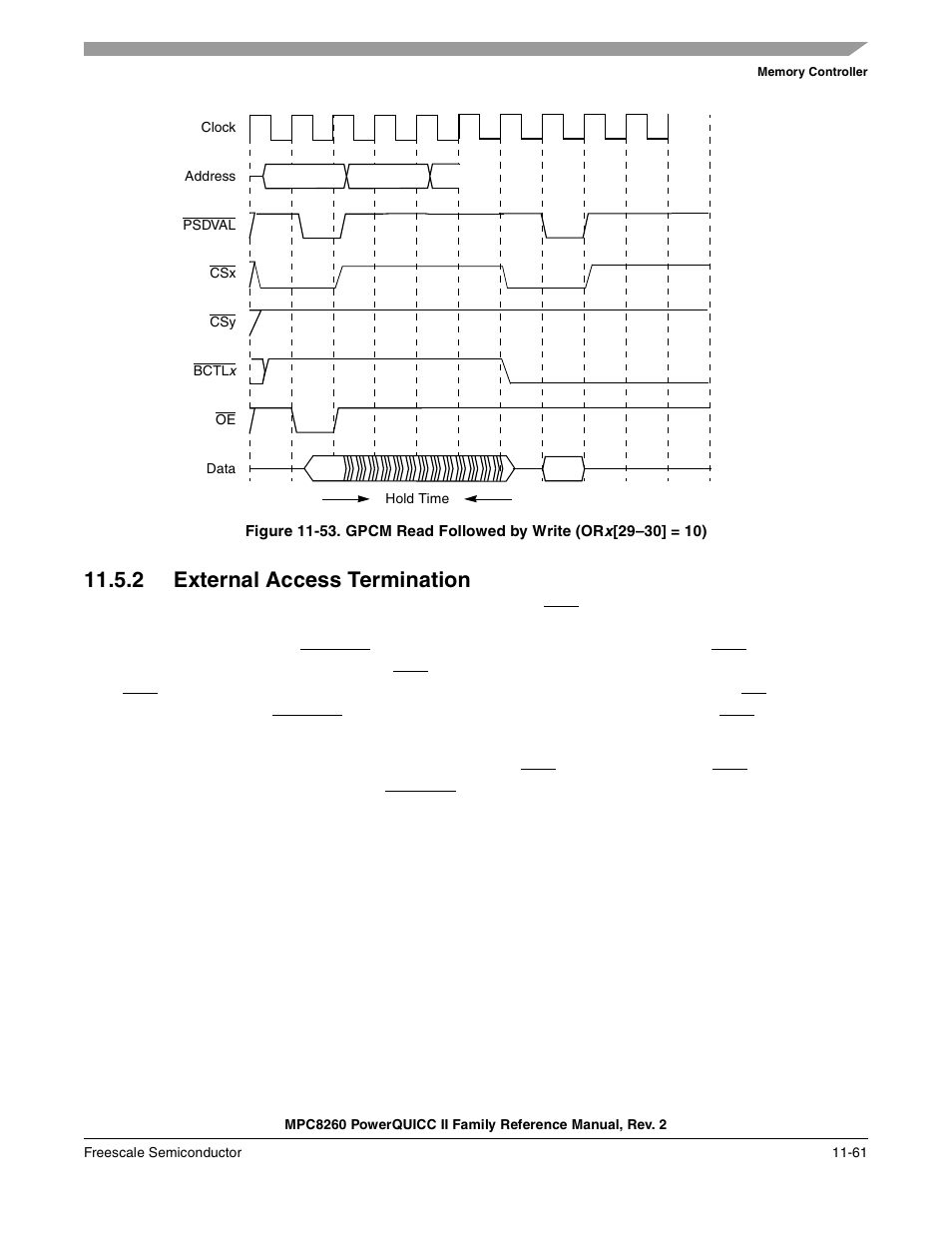 2 external access termination, External access termination -61, Gpcm read followed by write (orx[29–30] = 10) -61 | Section 11.5.2, “external access termination, Figure 11-53 | Freescale Semiconductor MPC8260 User Manual | Page 479 / 1360