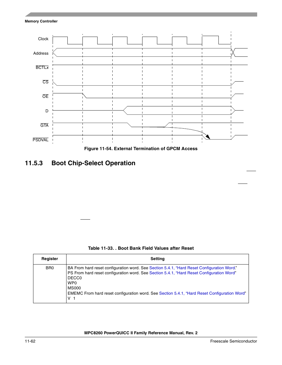 Figure 11-54. external termination of gpcm access, 3 boot chip-select operation, Boot chip-select operation -62 | External termination of gpcm access -62, Boot bank field values after reset -62 | Freescale Semiconductor MPC8260 User Manual | Page 480 / 1360