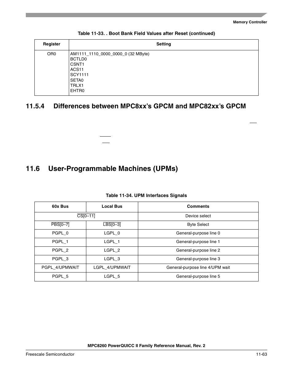 6 user-programmable machines (upms), Table 11-34. upm interfaces signals, User-programmable machines (upms) -63 | Upm interfaces signals -63, Section 11.5.4, “differences between, Mpc8xx’s gpcm and mpc82xx’s gpcm | Freescale Semiconductor MPC8260 User Manual | Page 481 / 1360