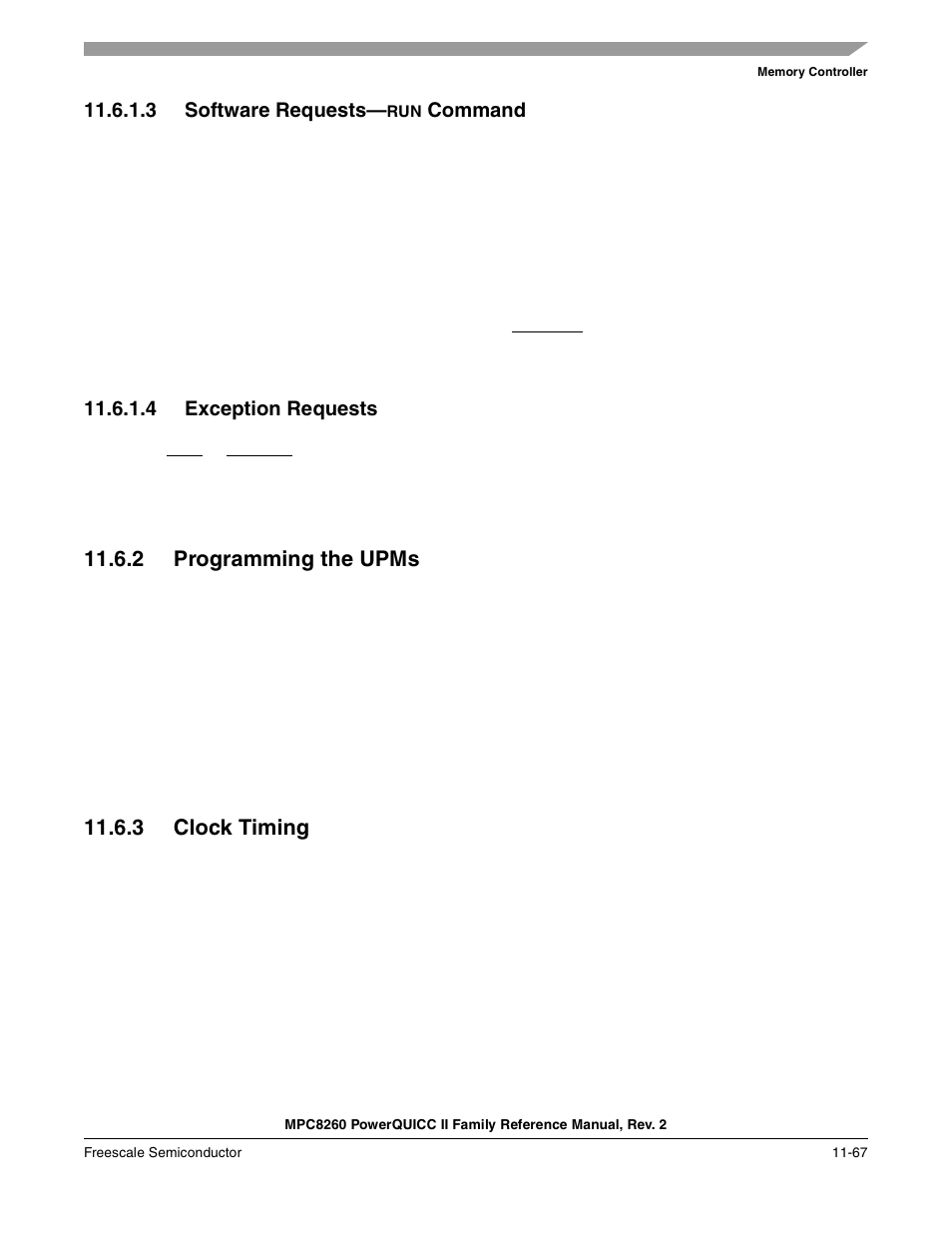 3 software requests-run command, 4 exception requests, 2 programming the upms | 3 clock timing, Software requests—run command -67, Exception requests -67, Programming the upms -67, Clock timing -67 | Freescale Semiconductor MPC8260 User Manual | Page 485 / 1360
