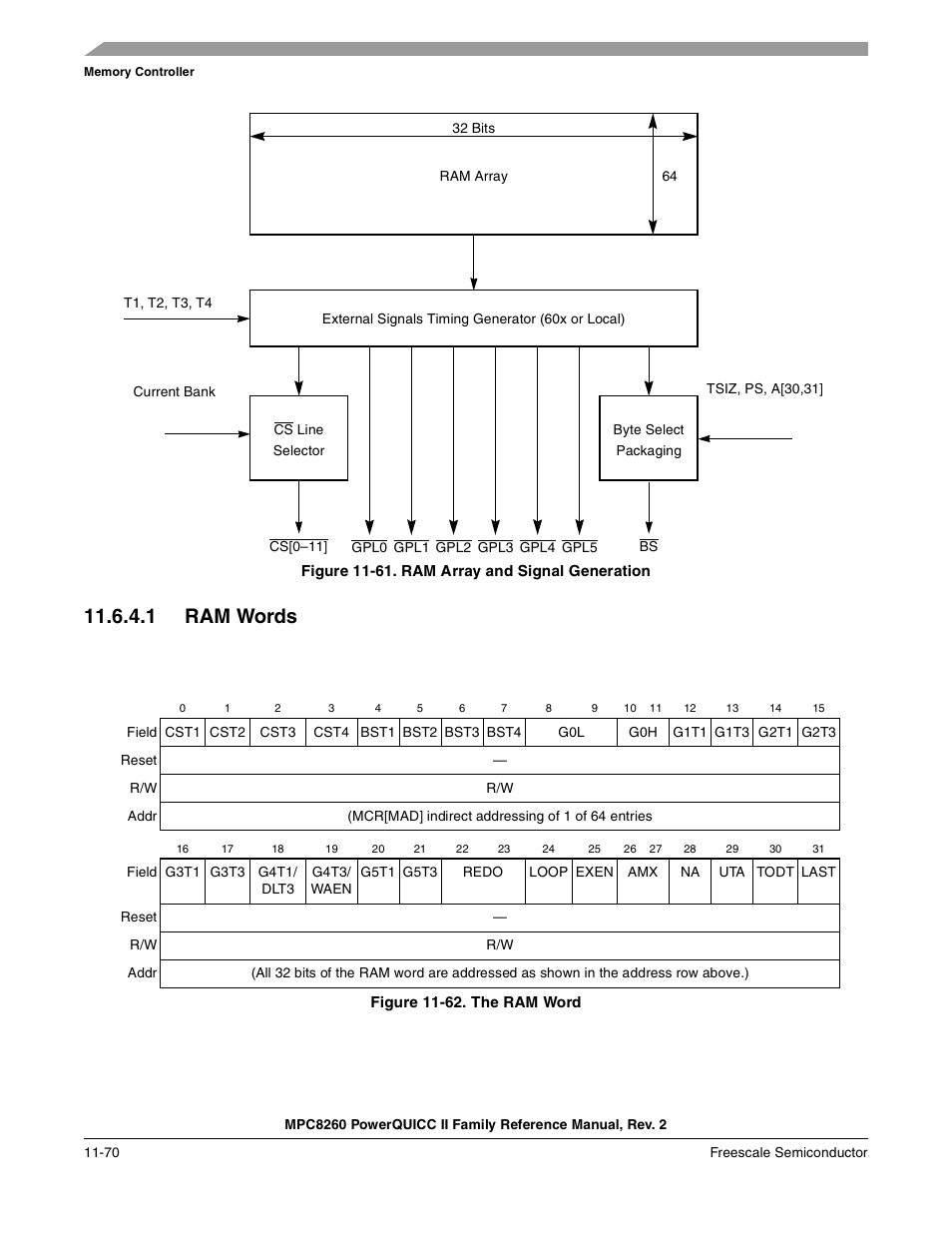 Figure 11-61. ram array and signal generation, 1 ram words, Figure 11-62. the ram word | Ram words -70, Ram array and signal generation -70, The ram word -70, Figure 11-61 | Freescale Semiconductor MPC8260 User Manual | Page 488 / 1360