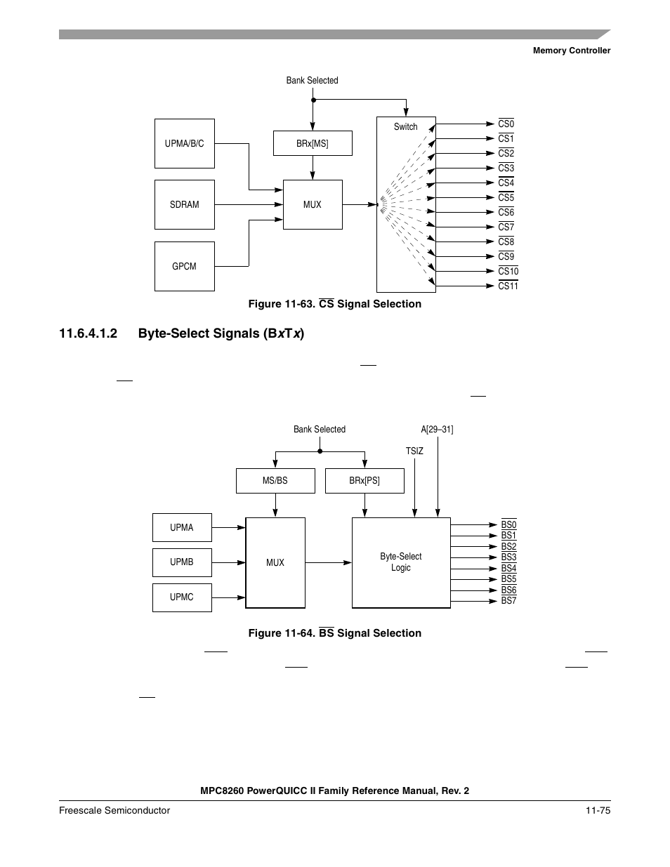 Figure 11-63. cs signal selection, 2 byte-select signals (bxtx), Figure 11-64. bs signal selection | Byte-select signals (bxtx) -75, Cs signal selection -75, Bs signal selection -75, Section 11.6.4.1.2, “byte-select signals (bxtx), Figure 11-63, 2 byte-select signals (b | Freescale Semiconductor MPC8260 User Manual | Page 493 / 1360