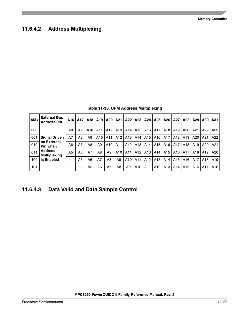 2 address multiplexing, Table 11-38. upm address multiplexing, 3 data valid and data sample control | Address multiplexing -77, Data valid and data sample control -77, Upm address multiplexing -77, Section 11.6.4.2, “address multiplexing | Freescale Semiconductor MPC8260 User Manual | Page 495 / 1360