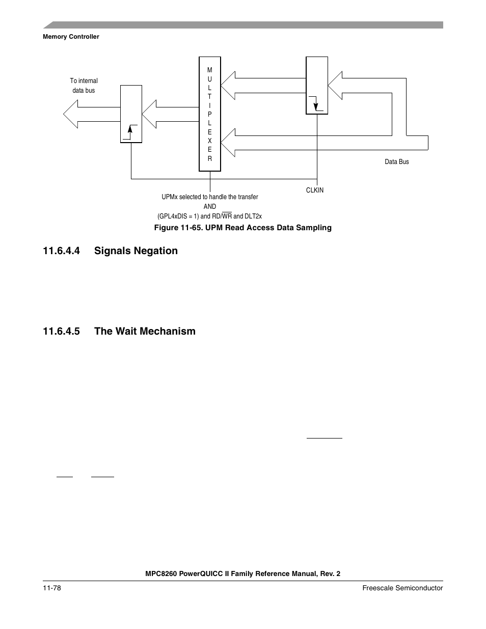 Figure 11-65. upm read access data sampling, 4 signals negation, 5 the wait mechanism | Signals negation -78, The wait mechanism -78, Upm read access data sampling -78, Section 11.6.4.5, “the wait mechanism, Figure 11-65 | Freescale Semiconductor MPC8260 User Manual | Page 496 / 1360