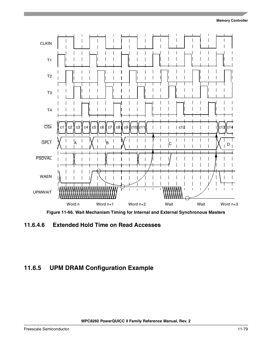 6 extended hold time on read accesses, 5 upm dram configuration example, Extended hold time on read accesses -79 | Upm dram configuration example -79, Section 11.6.5, “upm dram configuration example, Figure 11-66 | Freescale Semiconductor MPC8260 User Manual | Page 497 / 1360