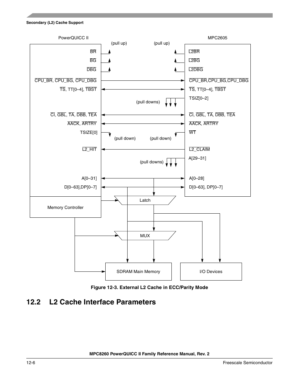 Figure 12-3. external l2 cache in ecc/parity mode, 2 l2 cache interface parameters, L2 cache interface parameters -6 | External l2 cache in ecc/parity mode -6, Figure 12-3. s | Freescale Semiconductor MPC8260 User Manual | Page 530 / 1360