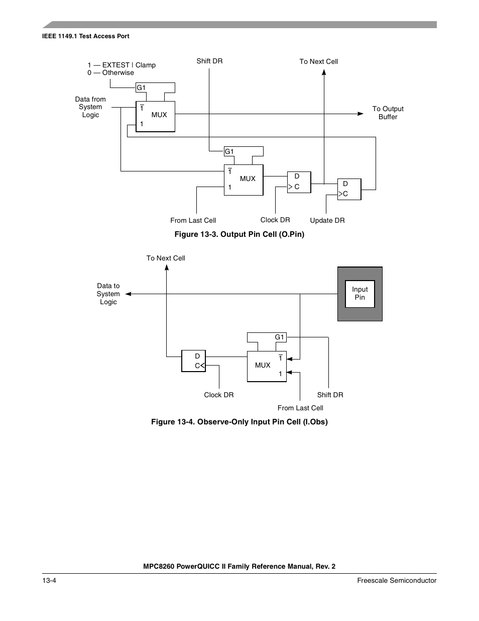 Figure 13-3. output pin cell (o.pin), Figure 13-4. observe-only input pin cell (i.obs), Output pin cell (o.pin) -4 | Observe-only input pin cell (i.obs) -4, Figure 13-3, Figure 13-4 | Freescale Semiconductor MPC8260 User Manual | Page 536 / 1360