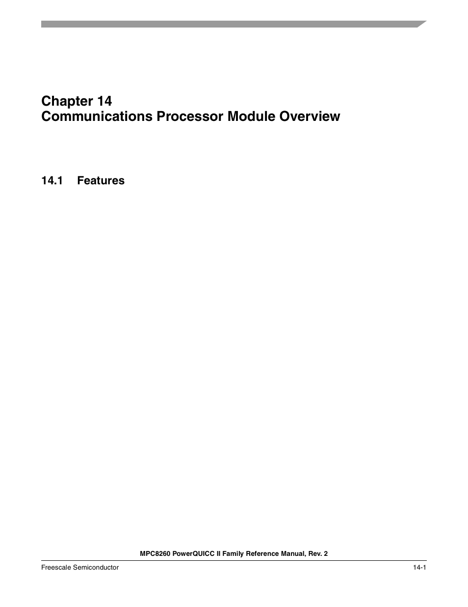 1 features, Communications processor module overview, Chapter 14 | Features -1 | Freescale Semiconductor MPC8260 User Manual | Page 549 / 1360