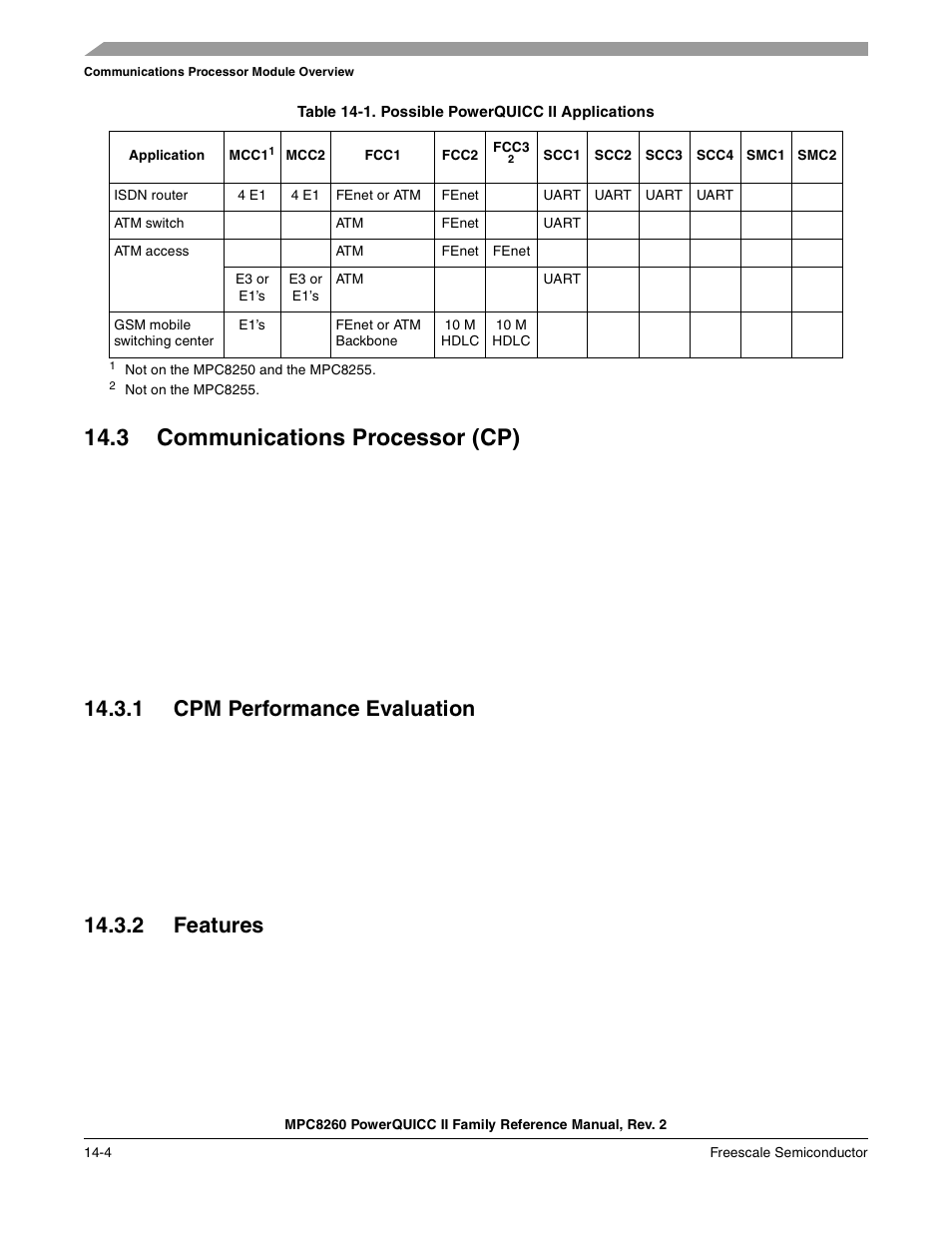 Table 14-1. possible powerquicc ii applications, 3 communications processor (cp), 1 cpm performance evaluation | 2 features, Communications processor (cp) -4, Cpm performance evaluation -4, Features -4, Possible powerquicc ii applications -4 | Freescale Semiconductor MPC8260 User Manual | Page 552 / 1360