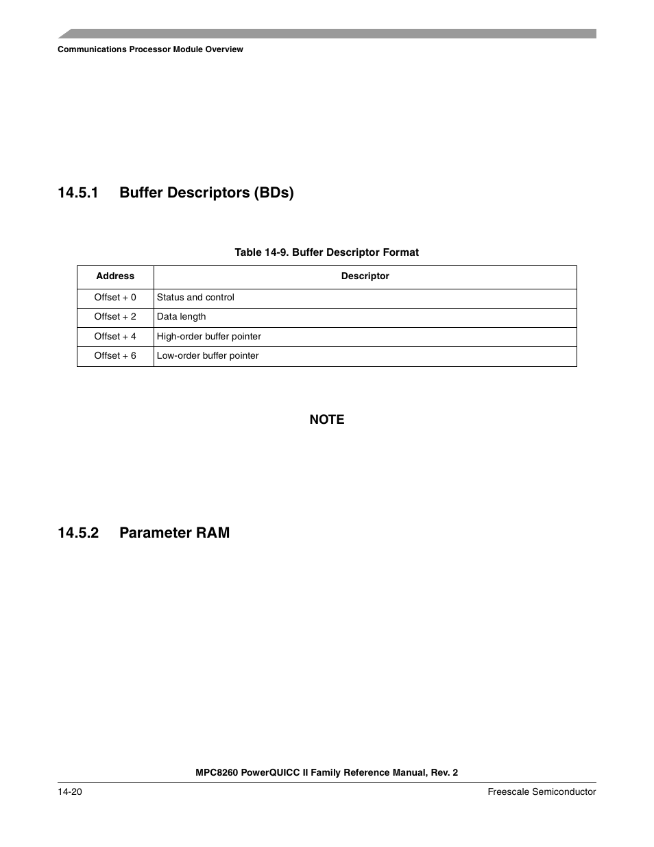 1 buffer descriptors (bds), Table 14-9. buffer descriptor format, 2 parameter ram | Buffer descriptors (bds) -20, Parameter ram -20, Buffer descriptor format -20 | Freescale Semiconductor MPC8260 User Manual | Page 568 / 1360