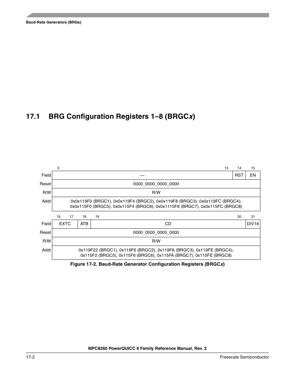 1 brg configuration registers 1-8 (brgcx), Brg configuration registers 1–8 (brgcx) -2, 1 brg configuration registers 1–8 (brgc x) | Freescale Semiconductor MPC8260 User Manual | Page 632 / 1360
