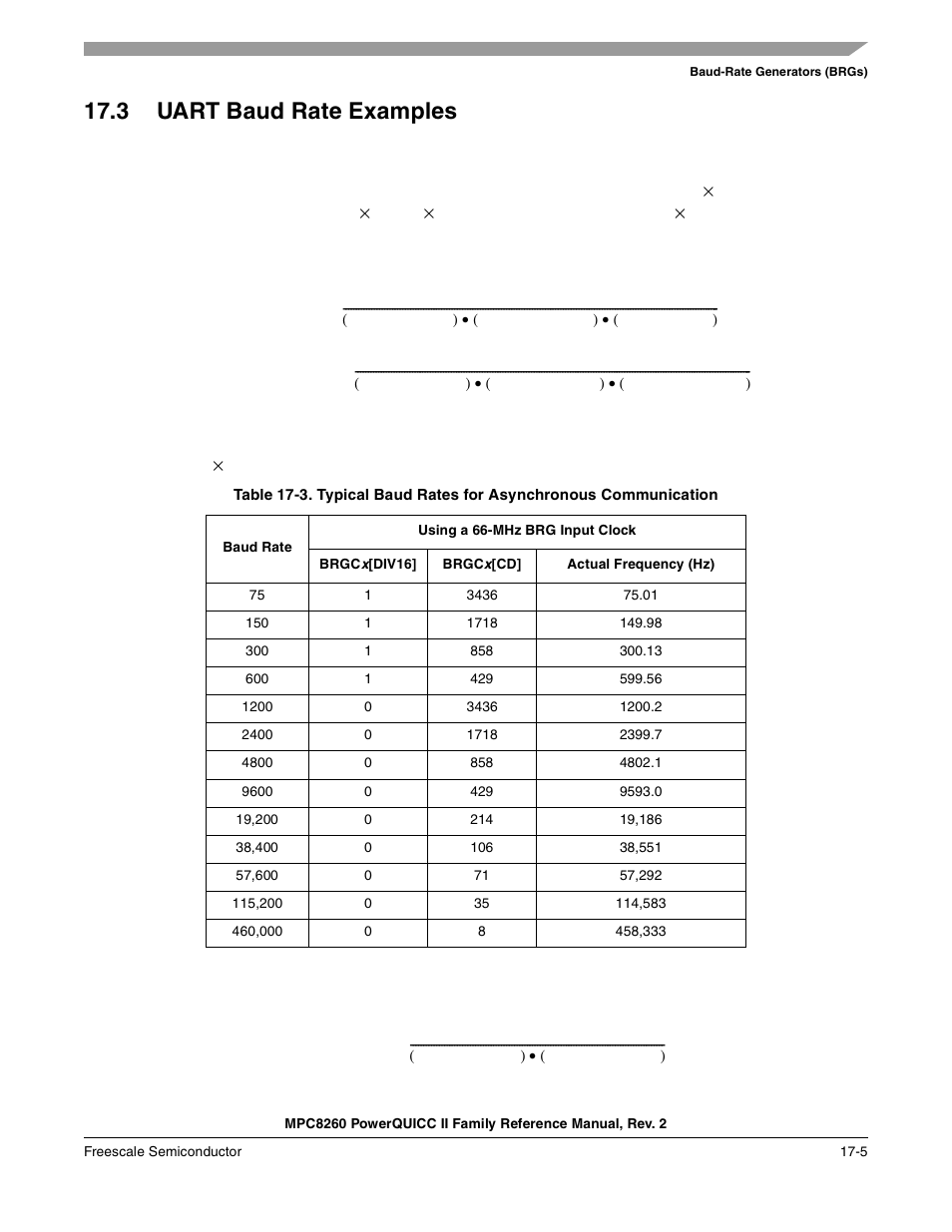 3 uart baud rate examples, Uart baud rate examples -5, Section 17.3, “uart baud rate examples | Freescale Semiconductor MPC8260 User Manual | Page 635 / 1360