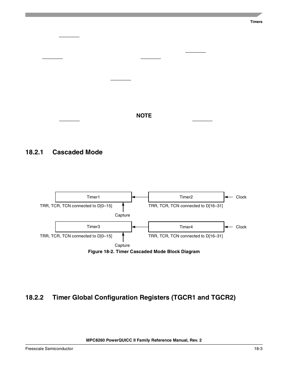 1 cascaded mode, Figure 18-2. timer cascaded mode block diagram, Cascaded mode -3 | Timer cascaded mode block diagram -3 | Freescale Semiconductor MPC8260 User Manual | Page 639 / 1360