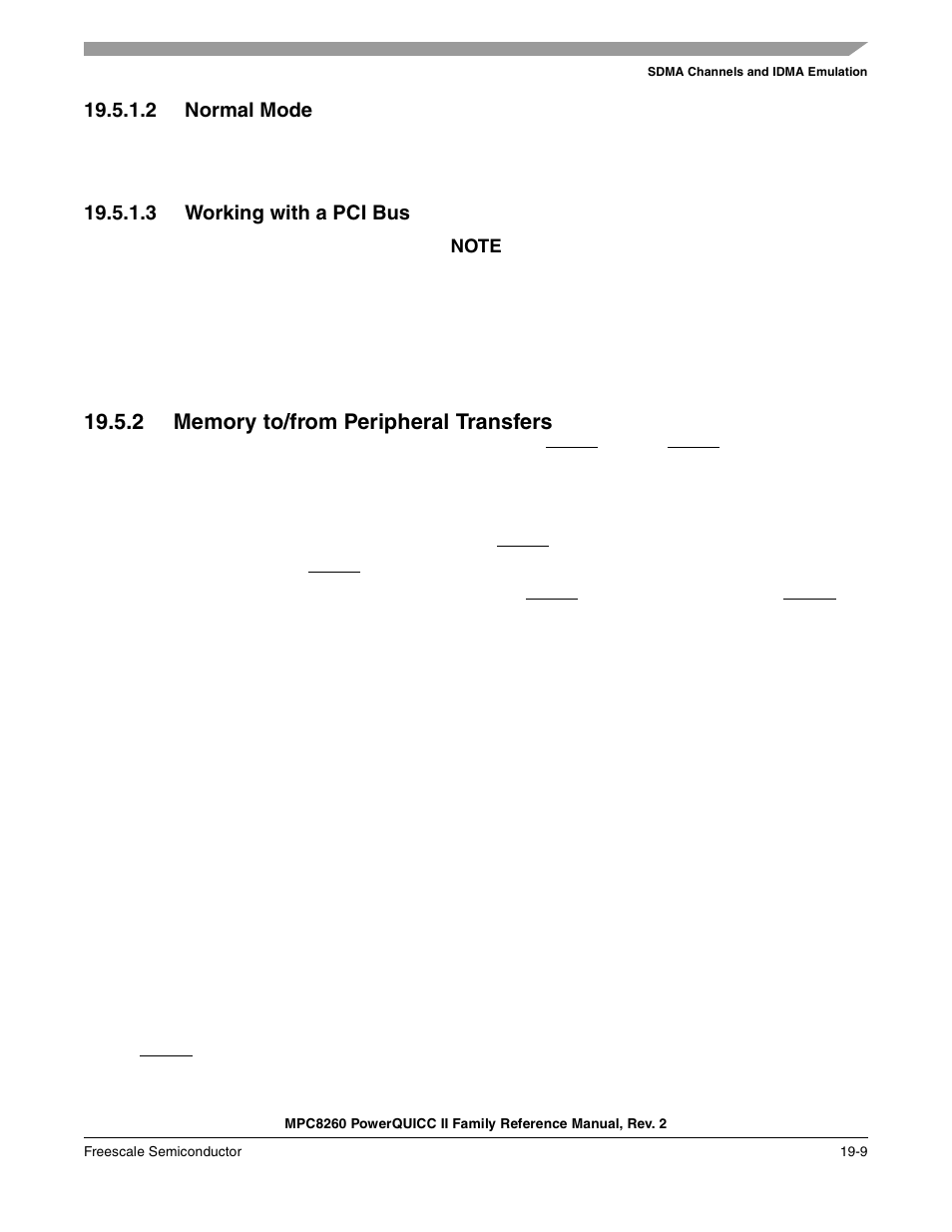 2 normal mode, 3 working with a pci bus, 2 memory to/from peripheral transfers | Normal mode -9, Working with a pci bus -9, Memory to/from peripheral transfers -9 | Freescale Semiconductor MPC8260 User Manual | Page 653 / 1360