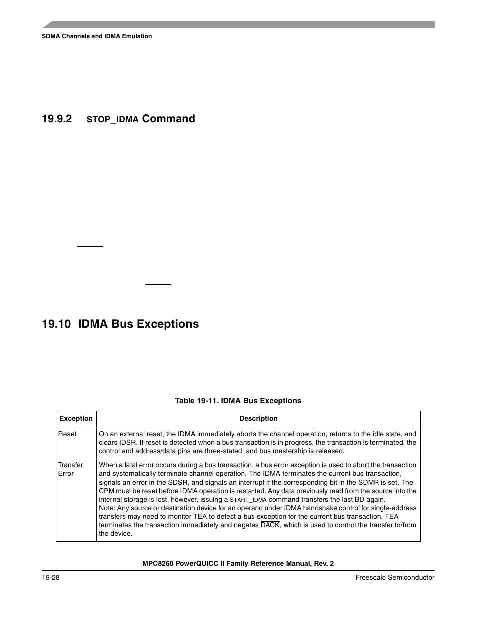 2 stop_idma command, 10 idma bus exceptions, Table 19-11. idma bus exceptions | Stop_idma command -28, Idma bus exceptions -28, Command | Freescale Semiconductor MPC8260 User Manual | Page 672 / 1360