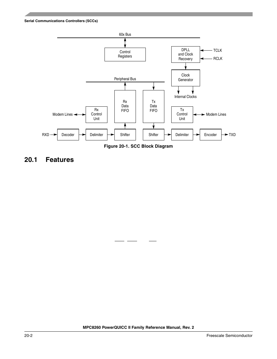 Figure 20-1. scc block diagram, 1 features, Features -2 | Scc block diagram -2, Figure 20-1 | Freescale Semiconductor MPC8260 User Manual | Page 680 / 1360