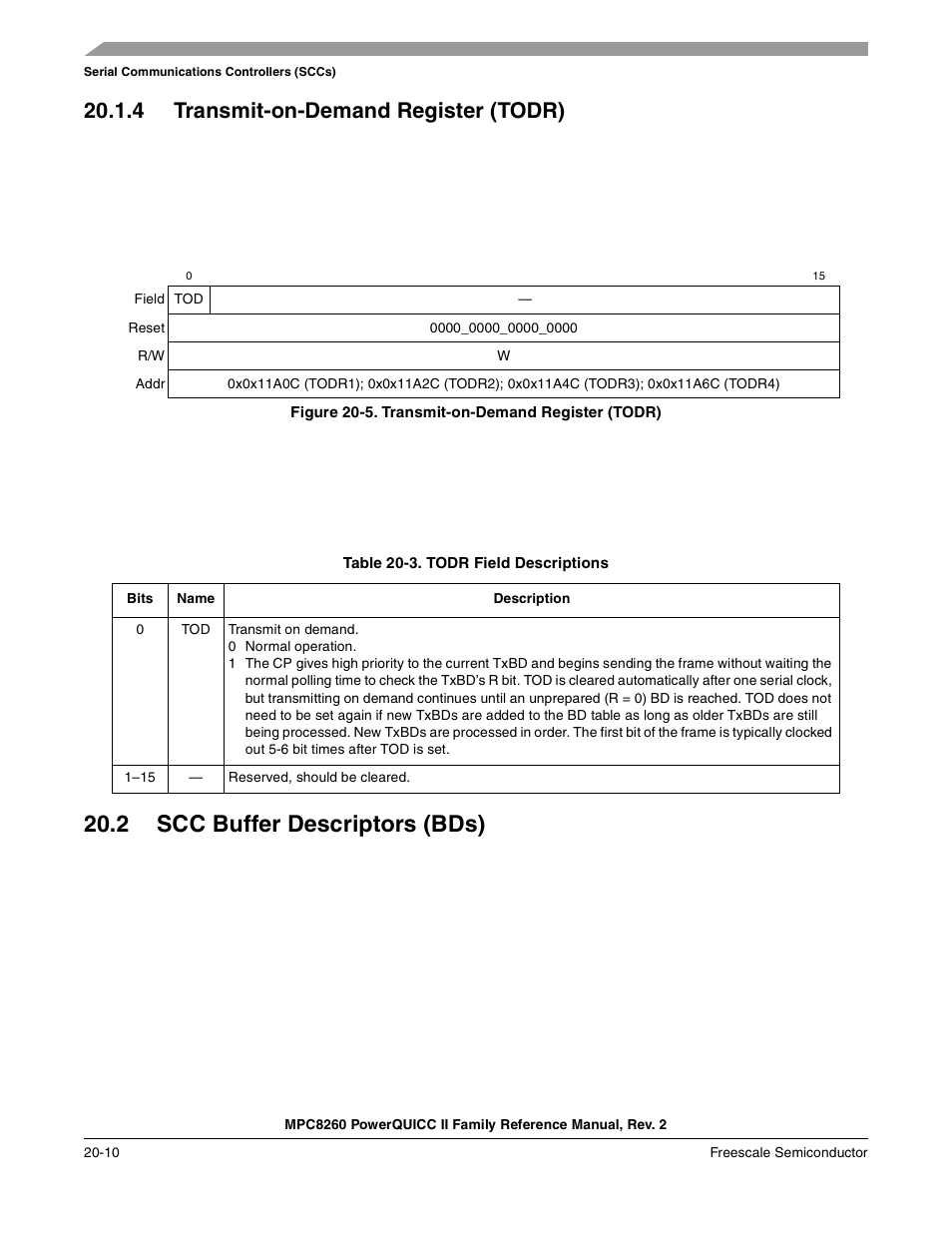 4 transmit-on-demand register (todr), Figure 20-5. transmit-on-demand register (todr), Table 20-3. todr field descriptions | 2 scc buffer descriptors (bds), Transmit-on-demand register (todr) -10, Scc buffer descriptors (bds) -10, Todr field descriptions -10 | Freescale Semiconductor MPC8260 User Manual | Page 688 / 1360