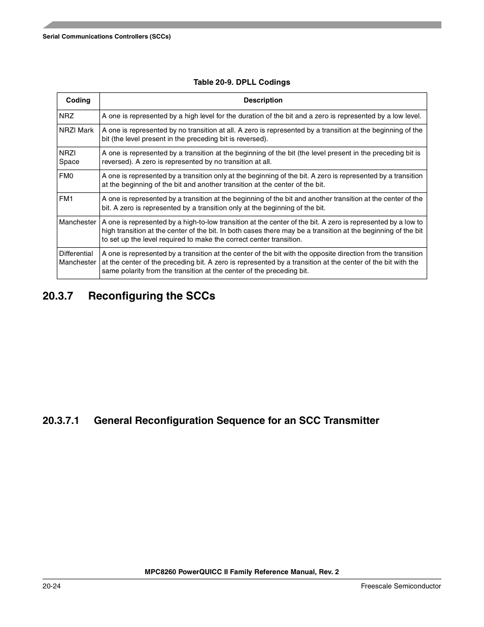 Table 20-9. dpll codings, 7 reconfiguring the sccs, Reconfiguring the sccs -24 | Dpll codings -24, Section 20.3.7, Reconfiguring the sccs, Section 20.3.7, “reconfiguring the sccs | Freescale Semiconductor MPC8260 User Manual | Page 702 / 1360