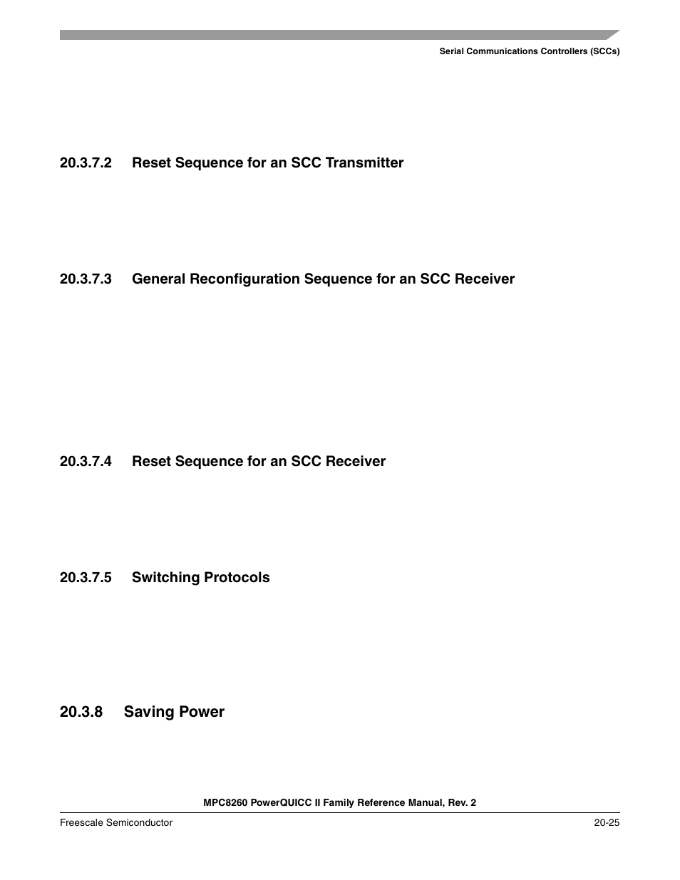 2 reset sequence for an scc transmitter, 4 reset sequence for an scc receiver, 5 switching protocols | 8 saving power, Reset sequence for an scc transmitter -25, Reset sequence for an scc receiver -25, Switching protocols -25, Saving power -25 | Freescale Semiconductor MPC8260 User Manual | Page 703 / 1360
