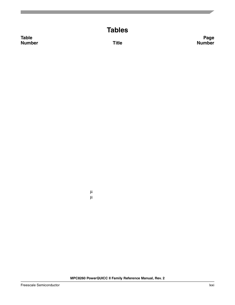 Tables | Freescale Semiconductor MPC8260 User Manual | Page 73 / 1360