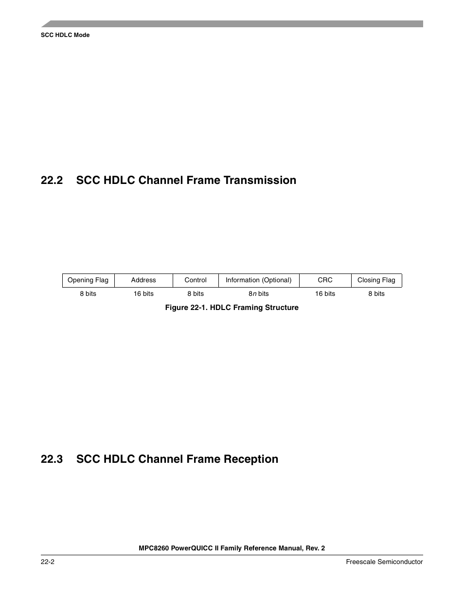 2 scc hdlc channel frame transmission, Figure 22-1. hdlc framing structure, 3 scc hdlc channel frame reception | Scc hdlc channel frame transmission -2, Scc hdlc channel frame reception -2, Hdlc framing structure -2 | Freescale Semiconductor MPC8260 User Manual | Page 730 / 1360