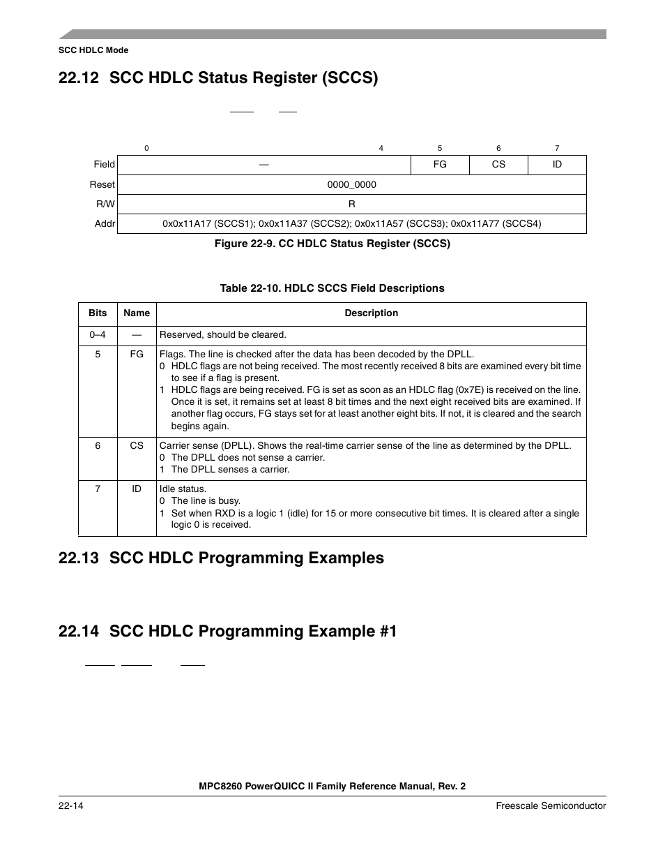 12 scc hdlc status register (sccs), Figure 22-9. cc hdlc status register (sccs), Table 22-10. hdlc sccs field descriptions | 13 scc hdlc programming examples, 14 scc hdlc programming example #1, Scc hdlc status register (sccs) -14, Scc hdlc programming examples -14, Scc hdlc programming example #1 -14, Cc hdlc status register (sccs) -14, Hdlc sccs field descriptions -14 | Freescale Semiconductor MPC8260 User Manual | Page 742 / 1360