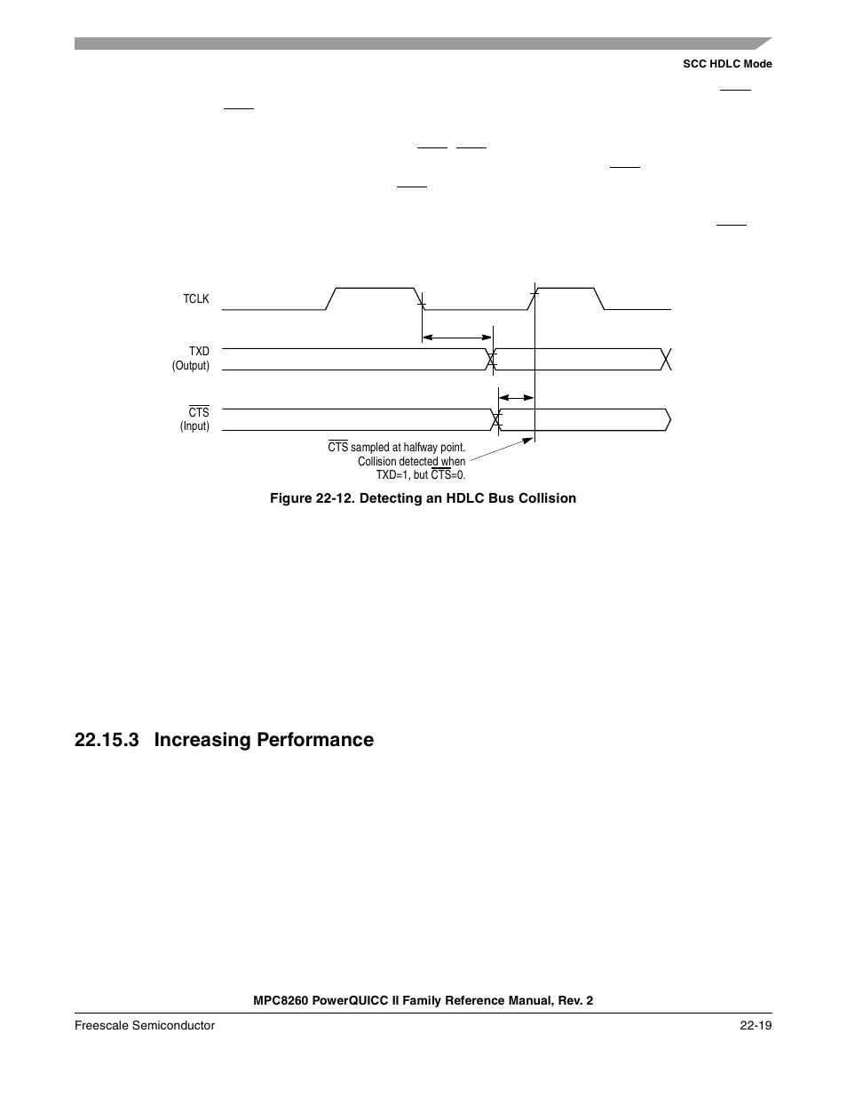 Figure 22-12. detecting an hdlc bus collision, 3 increasing performance, Increasing performance -19 | Detecting an hdlc bus collision -19 | Freescale Semiconductor MPC8260 User Manual | Page 747 / 1360