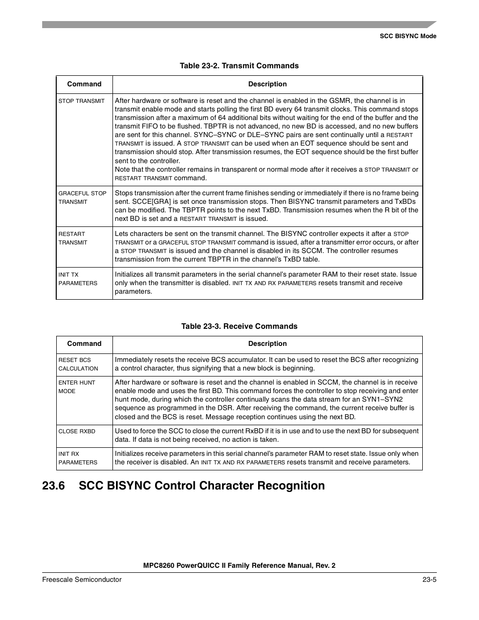 Table 23-2. transmit commands, Table 23-3. receive commands, 6 scc bisync control character recognition | Scc bisync control character recognition -5, Transmit commands -5, Receive commands -5, Table 23-2, Section 23.6, “scc bisync control, Character recognition, Receive commands are described in table 23-3 | Freescale Semiconductor MPC8260 User Manual | Page 755 / 1360