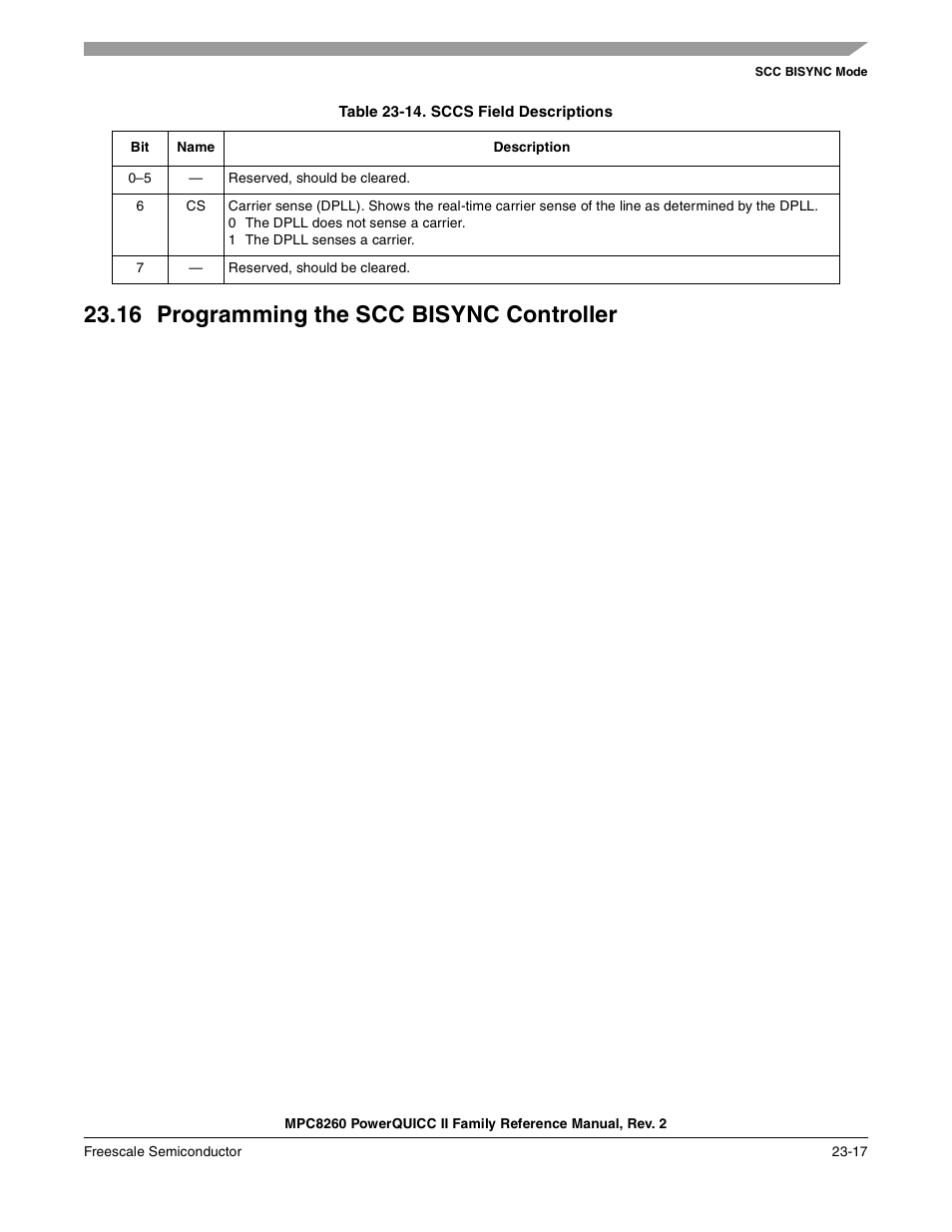 Table 23-14. sccs field descriptions, 16 programming the scc bisync controller, Programming the scc bisync controller -17 | Sccs field descriptions -17, Table 23-14 | Freescale Semiconductor MPC8260 User Manual | Page 767 / 1360