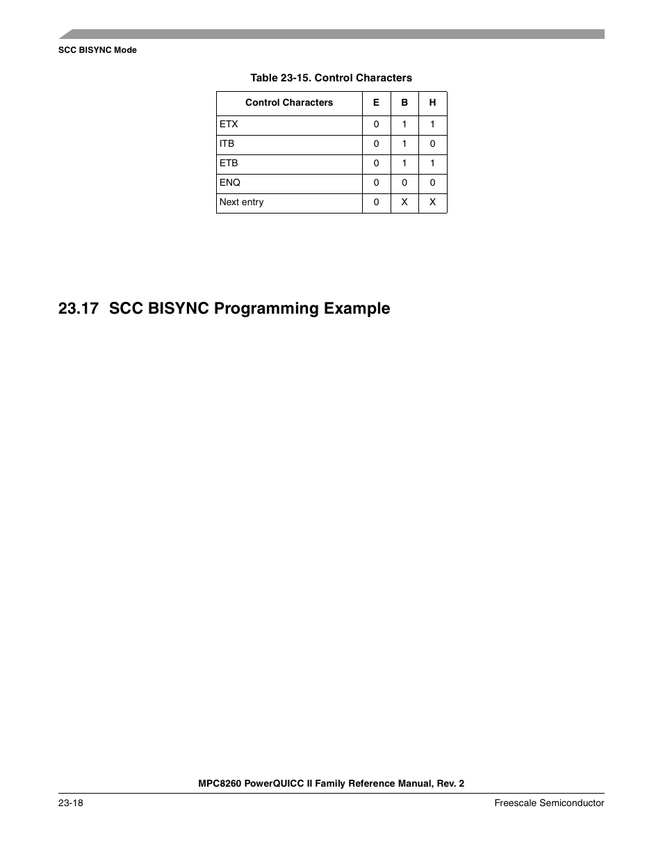 Table 23-15. control characters, 17 scc bisync programming example, Scc bisync programming example -18 | Control characters -18 | Freescale Semiconductor MPC8260 User Manual | Page 768 / 1360