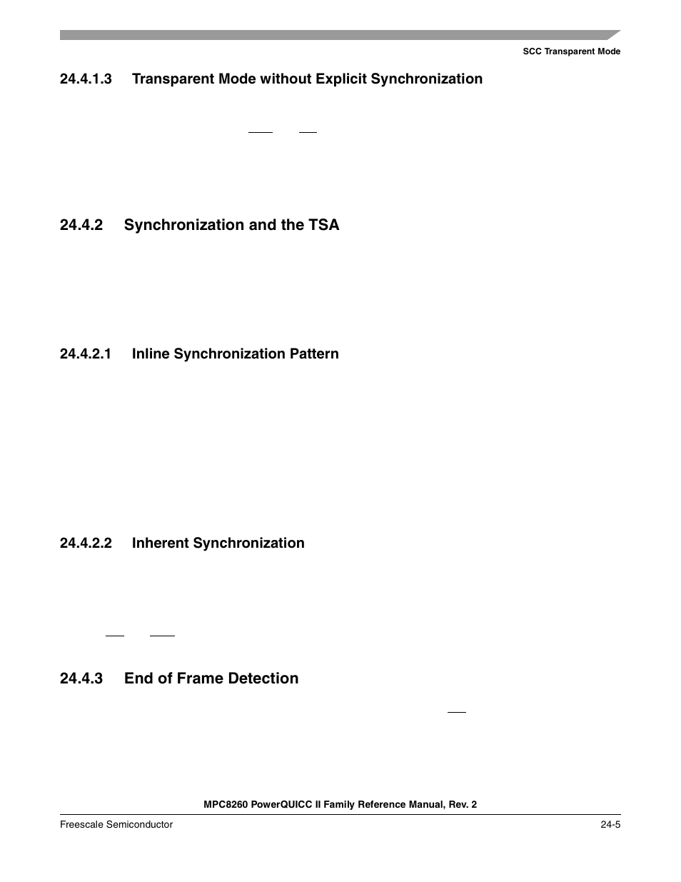 2 synchronization and the tsa, 1 inline synchronization pattern, 2 inherent synchronization | 3 end of frame detection, Synchronization and the tsa -5, Inline synchronization pattern -5, Inherent synchronization -5, End of frame detection -5 | Freescale Semiconductor MPC8260 User Manual | Page 775 / 1360