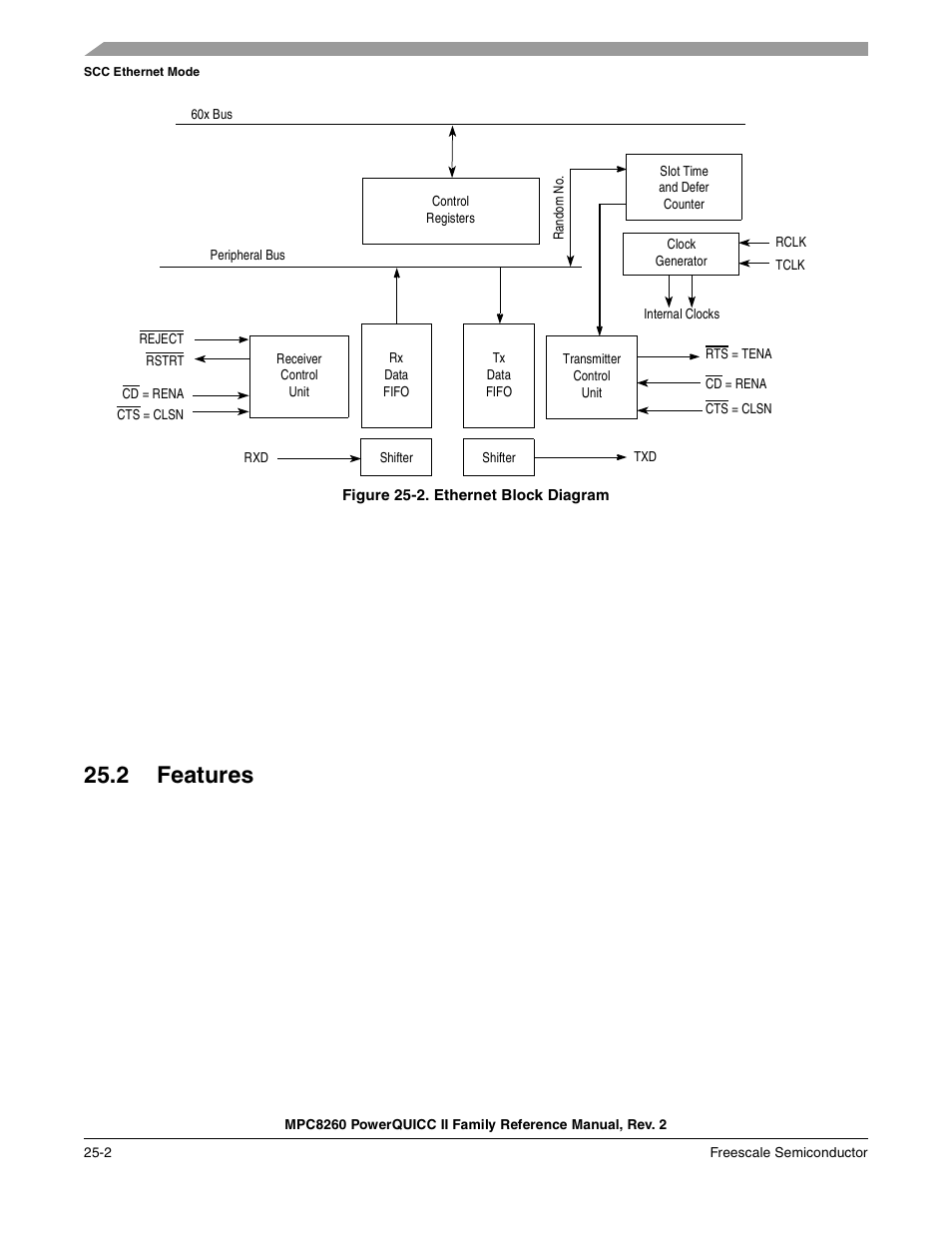 Figure 25-2. ethernet block diagram, 2 features, Features -2 | Ethernet block diagram -2 | Freescale Semiconductor MPC8260 User Manual | Page 786 / 1360