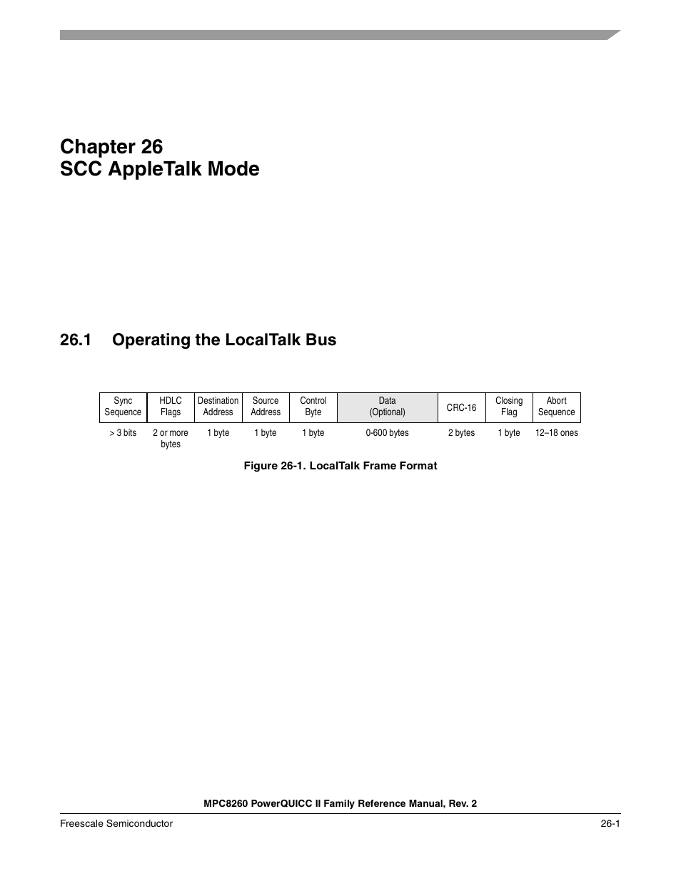 Chapter 26 scc appletalk mode, 1 operating the localtalk bus, Figure 26-1. localtalk frame format | Scc appletalk mode, Chapter 26, Operating the localtalk bus -1, Localtalk frame format -1, Chapter 26, “scc appletalk mode, Bed in | Freescale Semiconductor MPC8260 User Manual | Page 809 / 1360