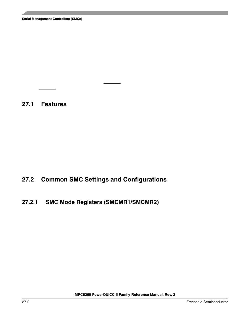 1 features, 2 common smc settings and configurations, 1 smc mode registers (smcmr1/smcmr2) | Features -2, Common smc settings and configurations -2, Smc mode registers (smcmr1/smcmr2) -2 | Freescale Semiconductor MPC8260 User Manual | Page 814 / 1360