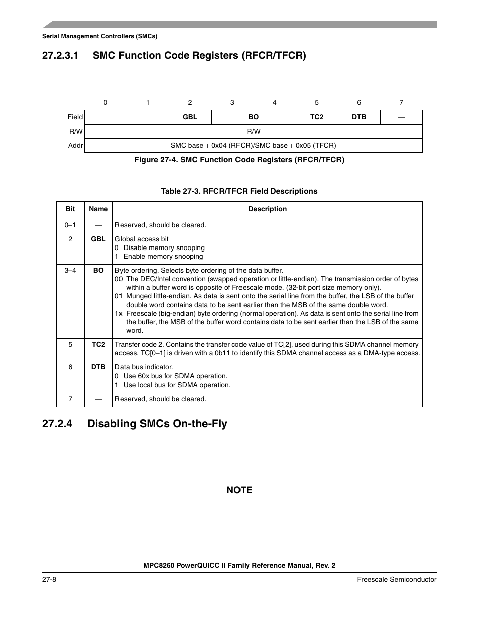 1 smc function code registers (rfcr/tfcr), Table 27-3. rfcr/tfcr field descriptions, 4 disabling smcs on-the-fly | Smc function code registers (rfcr/tfcr) -8, Disabling smcs on-the-fly -8, Rfcr/tfcr field descriptions -8 | Freescale Semiconductor MPC8260 User Manual | Page 820 / 1360